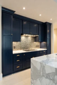 Dark Blue Cabinets with Gold Hardware