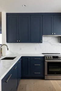 Dark Blue Cabinets with Quartz Countertops