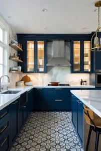 Dark Blue Kitchen with Glass Cabinets