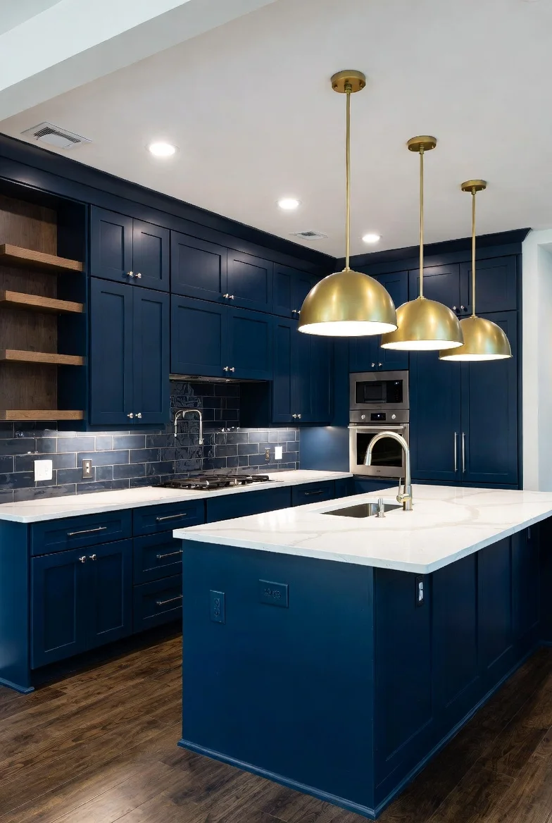 Dark Blue Kitchen with Gold Lighting