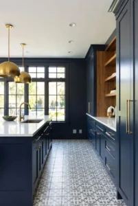 Dark Blue Kitchen with Large Windows