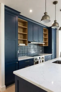 Dark Blue Kitchen with Open Shelves