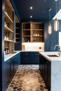 Dark Blue Kitchen with Patterned Floor Tiles