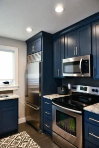 Dark Blue Kitchen with Stainless Steel Appliances