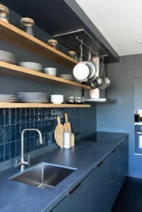 Dark Blue Open Shelf Kitchen