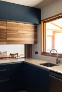 Dark Blue and Wood Kitchen