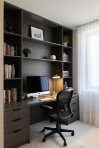 Dark Office with Bookshelf Wall