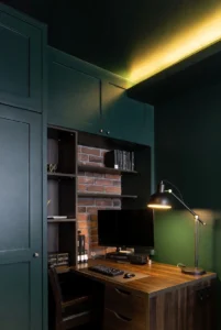 Dark Office with Built-In Shelves