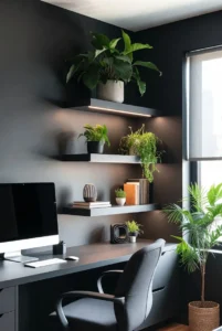Dark Office with Floating Shelves