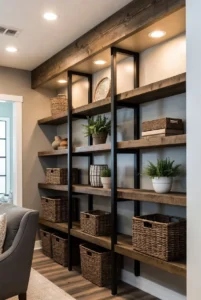 Farmhouse Living Room with Built-In Shelves