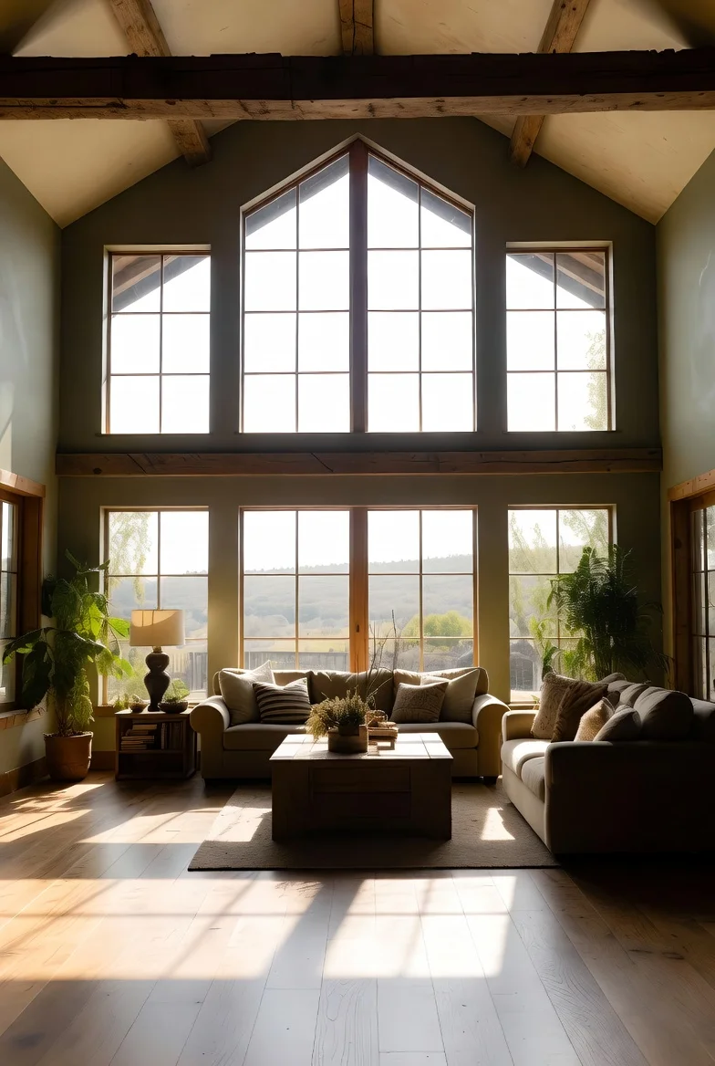 Farmhouse Living Room with Large Windows
