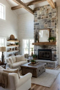 Farmhouse Living Room with Open Shelving