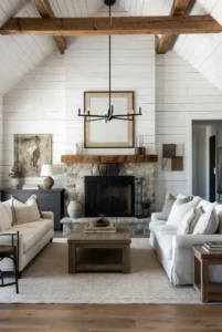 Farmhouse Living Room with Shiplap Walls