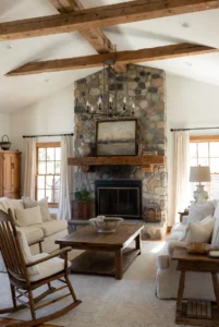 Farmhouse Living Room with Stone Fireplace
