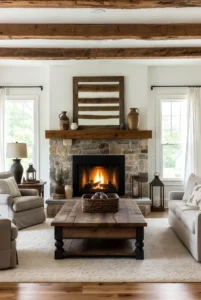 Farmhouse Living Room with Wooden Coffee Table
