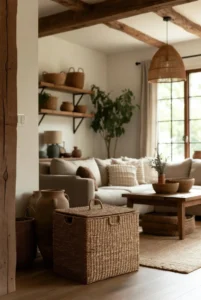Farmhouse Living Room with Woven Baskets