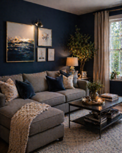 Blue Accent Wall with Gray Furniture