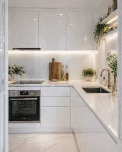 Glossy White Cabinets for Extra Light