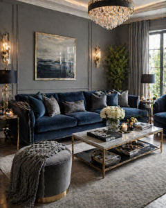 Gray Walls with Blue Velvet Sofa