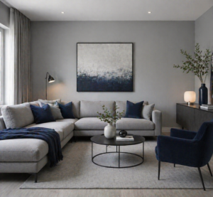 Minimalist Gray and Blue Living Room