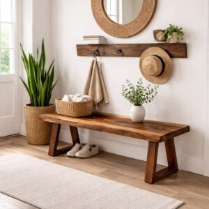 Slim Wooden Bench with Open Space