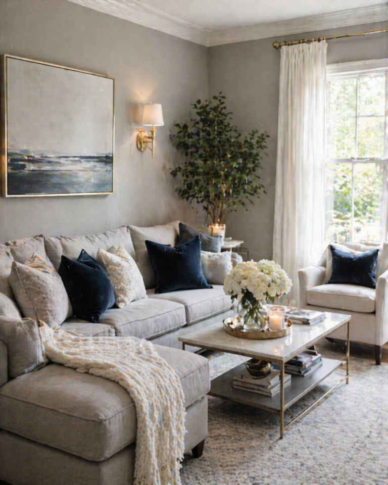 Soft Gray Sofa with Navy Accents
