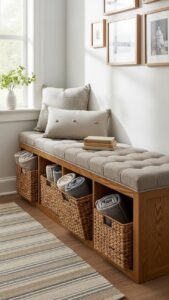 Style a Bench with Woven Baskets Underneath
