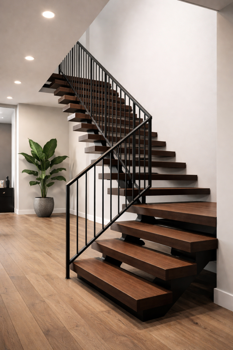 Wooden Staircase with Metal Railings