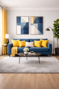 Yellow Throw Pillows on Blue Sofa