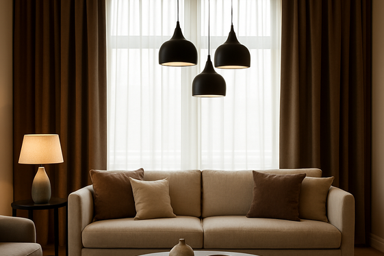 Accessorizing with Black and Brown Curtains and Lighting illustration