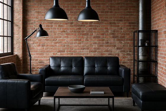 Industrial Style Living Room Featuring Black Leather illustration