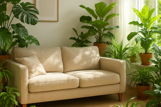 Incorporating Greenery Around Oatmeal Sofas illustration