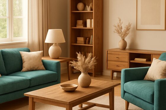 Highlighting Natural Wood Tones with Teal and Beige Colors illustration