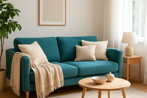Adding Beige Throws and Cushions to Balance Vibrant Teal illustration