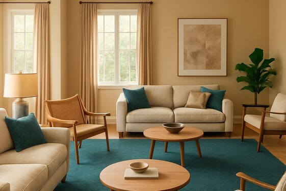 Using Teal and Beige to Define Separate Living Areas illustration