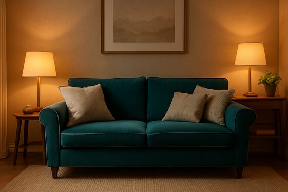 Incorporating Beige Rugs to Anchor a Teal Sofa illustration