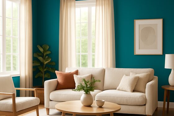 Using Beige Curtains to Soften Bold Teal Walls illustration