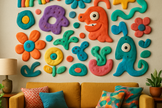 Whimsical Clay Murals for Playful and Artistic Living Rooms illustration