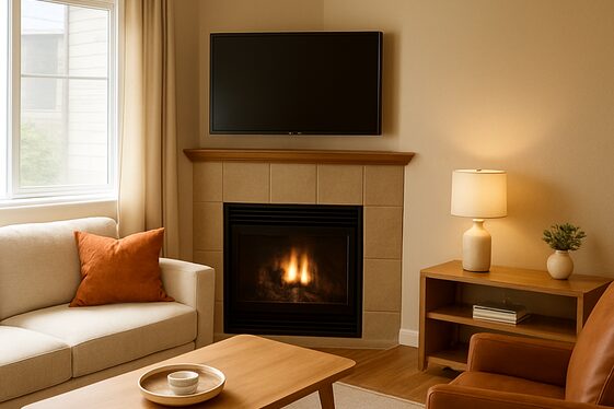 Space-Saving Corner Fireplace and TV Design illustration