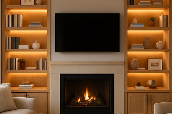 Integrated Shelving Around TV and Fireplace illustration