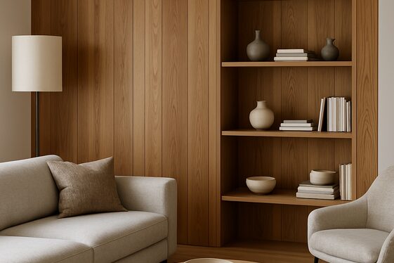Wood Accent Wall with Built-In Shelving illustration