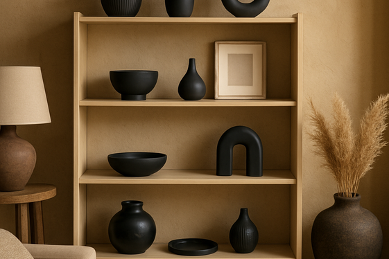 Adding Beige Wooden Shelving with Black Decor illustration