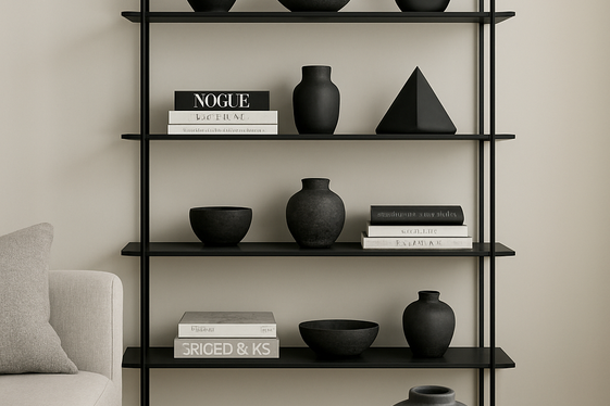 Open Shelving with Black and Gray Decor Items illustration