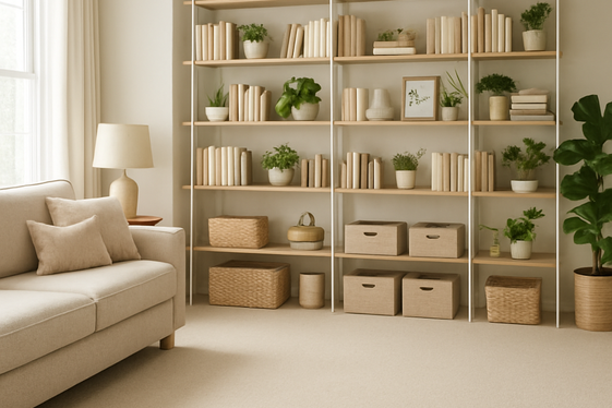 Open Shelving and Storage Solutions on Cream Carpets illustration