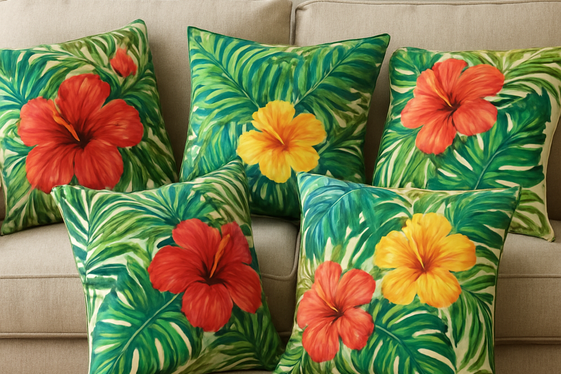Layer with Tropical Print Throw Pillows illustration