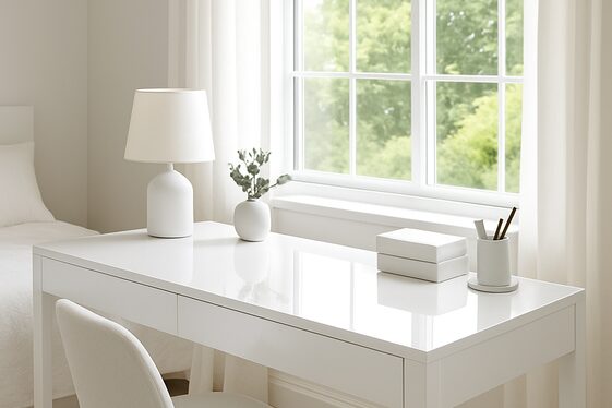 Bright and Airy White Desks with Reflective Surfaces illustration