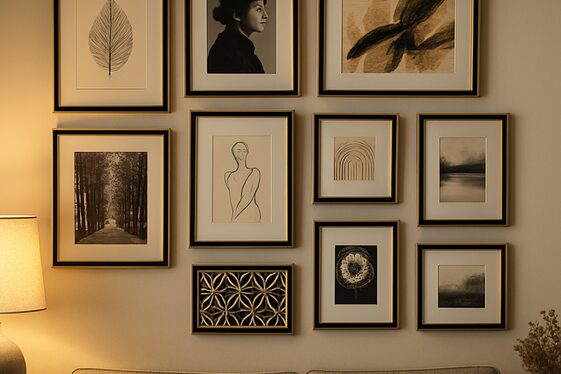 Gold Trimmed Black Picture Frames and Art illustration