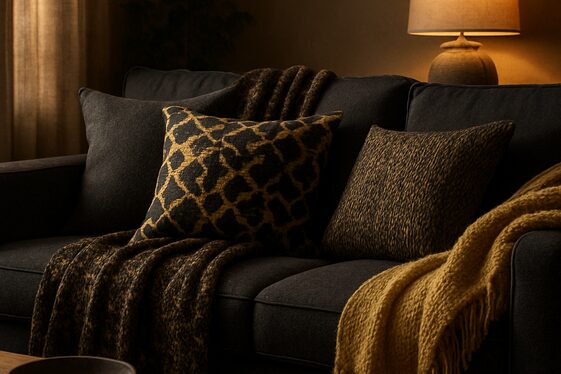 Cozy Black and Gold Textured Throws and Pillows illustration