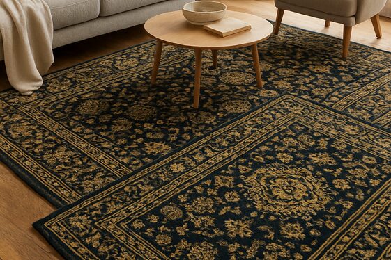 Layered Rugs in Black and Gold Patterns illustration