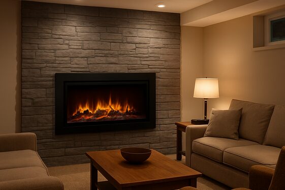 Add a fireplace or electric heater for warmth and charm illustration